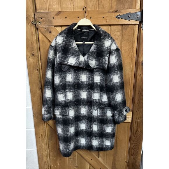 Banana Republic Wool Blend Double Breasted B/W Buffalo Plaid Long Coat Womens XS - Picture 1 of 12